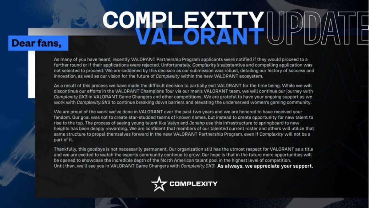 Complexity Gaming stenger mannlige lag med VALORANT