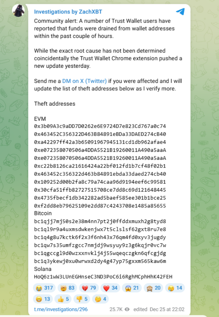 Possible Hack of Trust Wallet Browser Extension: Millions Stolen from Users 1