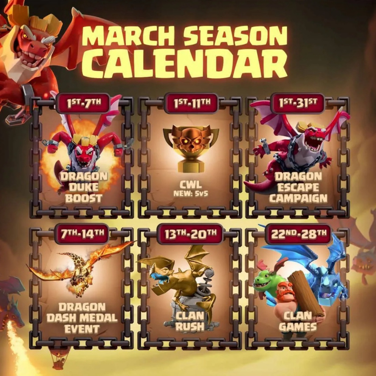 Clash of Clans March 2026 Weekly Events Guide – Dragon Escape Season 1