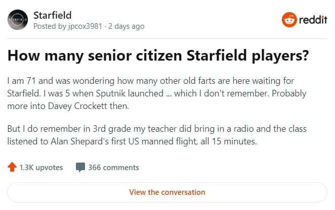 Retired Gamers Eager to Dedicate Their Time to Playing Starfield. Photo 1