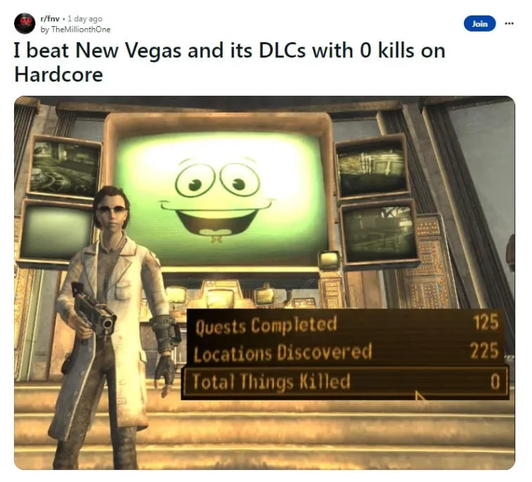 Player Completes Fallout: New Vegas in Hardcore Mode Without Killing Anyone. Photo 1