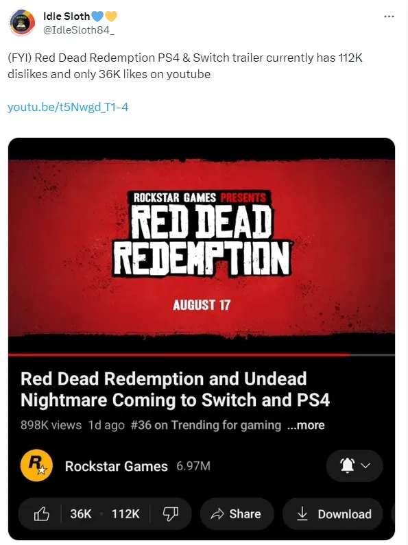 Backlash Ensues as Red Dead Redemption Nintendo Switch and PS4 Ports Trailer Gathers Dislikes. Photo 1